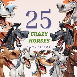 25 Crazy Horses Clipart, Wysokiej Jakości Przezroczyste PNG, Natychmiastowe Pobieranie, Wykorzystanie Komercyjne - Zabawny Kolorowy Koń, Ilustracje Zwierząt Gospodarskich