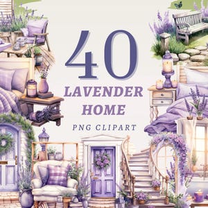 40 Clipart maison lavande, PNG transparents de haute qualité, téléchargement immédiat, usage Commercial - art floral violet, estampes maison vintage