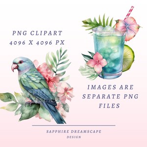 K&ouml;nnte beinhalten: Eine Aquarell-Illustration eines blauen und gr&uuml;nen Papageis, der auf einem Zweig tropischer Bl&auml;tter mit rosa Bl&uuml;ten sitzt. Der Papagei ist von &uuml;ppigem Gr&uuml;n umgeben. PNG CLIPART 4096 X 4096 PX