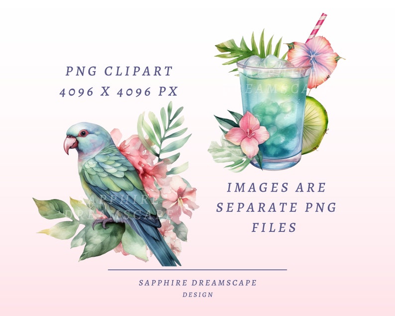 K&ouml;nnte beinhalten: Eine Aquarell-Illustration eines blauen und gr&uuml;nen Papageis, der auf einem Zweig tropischer Bl&auml;tter mit rosa Bl&uuml;ten sitzt. Der Papagei ist von &uuml;ppigem Gr&uuml;n umgeben. PNG CLIPART 4096 X 4096 PX