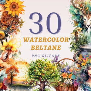 30 cliparts Beltane aquarelle, PNG transparents de haute qualité, téléchargement immédiat, usage commercial - célébration florale gaélique, créatures du printemps