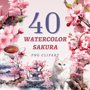 40 Aquarell-Sakura-Cliparts, hochwertige transparente PNGs, sofortiger Download, kommerzielle Nutzung – japanische Gartenillustration, rosa Blüten