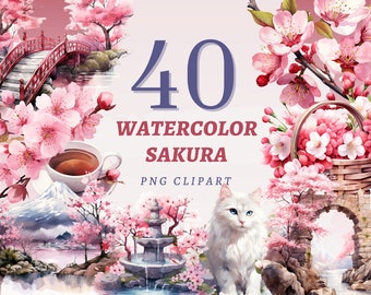 40 Watercolor Sakura Clipart, High Quality Transparent PNGs, Instant Download, Commercial Use - Japanese Garden Illustration, Pink Blossoms