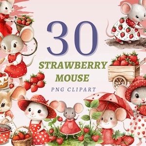 30 Ratón Fresa Clipart PNG Lindos Ratones Gráficos Transparente Primavera Cottagecore Clip Art Dulces Fresas Farmcore Descarga Instantánea Conjunto