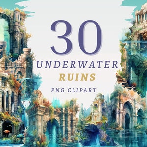 30 imágenes prediseñadas de ruinas submarinas, PNG transparentes de alta calidad, descarga instantánea, uso comercial - Arte de aguas profundas, PNG submarino, paquete de ruinas