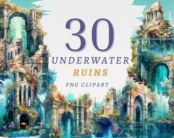30 podwodnych ruin, wysokiej jakości przezroczyste obrazy PNG, natychmiastowe pobranie, wykorzystanie komercyjne – sztuka głębinowa, podwodny obraz PNG, pakiet ruin