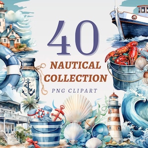 40 imágenes prediseñadas de colección náutica, PNG transparentes de alta calidad, descarga instantánea, uso comercial - Gráficos oceánicos, obras de arte de verano, arte marino