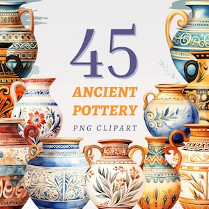May include: 45 watercolor illustrations of ancient pottery in various colors and designs. The pottery is decorated with geometric patterns, floral motifs, and stylized figures. The illustrations are perfect for crafting projects, digital scrapbooking, and other creative endeavors.