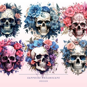 40 blommiga dödskallar Clipart, högkvalitativa transparenta PNG-bilder, omedelbar nedladdning, kommersiellt bruk - ben- och blomillustrationer, färgglad blomma bild 5