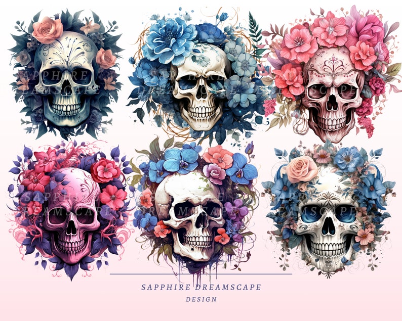 40 blommiga dödskallar Clipart, högkvalitativa transparenta PNG-bilder, omedelbar nedladdning, kommersiellt bruk - ben- och blomillustrationer, färgglad blomma bild 5