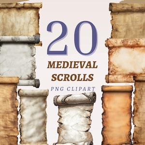 20 pergaminos medievales, clipart, ilustraciones en papel en blanco, plantilla de página vintage, imprimible, invitaciones de fantasía, gráficos de búsqueda del tesoro, arte en papel antiguo