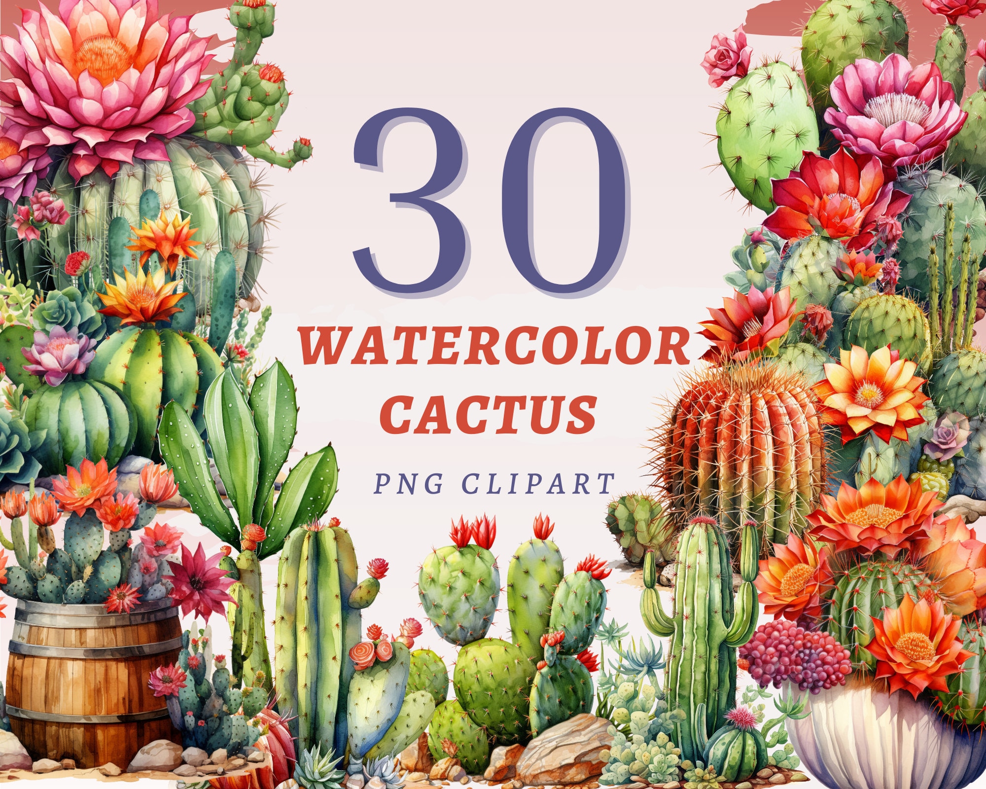 30 Watercolor Cactus Clipart, High Quality Transparent PNGs, Instant Download, Commercial Use - Prickly Pears, Cacti Plants printables set