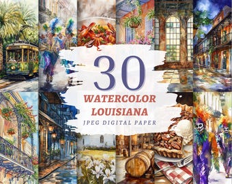 Watercolor Louisiana Digital Paper Print New Orleans JPEG Decoration French Quarter Printable Art of Bourbon Street Scrapbook Bayou Artwork