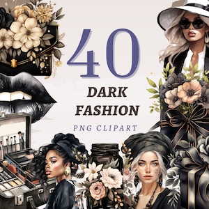 40 imágenes prediseñadas de moda oscura, PNG transparentes de alta calidad, descarga instantánea, uso comercial - estampados de Beauty Girl, gráficos de accesorios florales