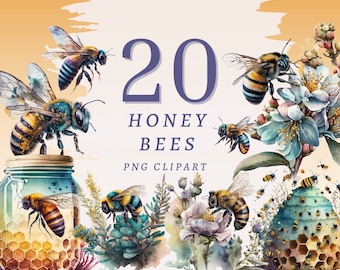 May include: A digital illustration of 20 honey bees in various poses, surrounded by flowers and honeycomb. The text "20 Honey Bees PNG Clipart" is displayed in the center of the image.