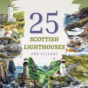 Ensemble imprimable de 25 phares écossais, téléchargement immédiat des cliparts, paysage des Highlands Illustration de la mer du Nord rivage aquarelle ensemble imprimable