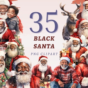 35 Weihnachtsmann Clipart, hochwertige transparente PNGs, sofortiger Download, kommerzielle Nutzung - dunkelhäutiger Weihnachtsmann, Aquarelldrucke