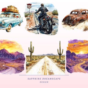 Puede incluir: Ilustraciones en acuarela que muestran un coche antiguo con equipaje, una moto en la Ruta 66 y un coche cl&aacute;sico oxidado. Paisajes des&eacute;rticos con cactus y carreteras, con una puesta de sol y el texto "SAPPHIRE DREAMSCAPE DESIGN".