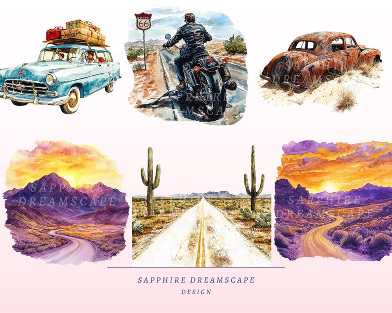 Puede incluir: Ilustraciones en acuarela que muestran un coche antiguo con equipaje, una moto en la Ruta 66 y un coche cl&aacute;sico oxidado. Paisajes des&eacute;rticos con cactus y carreteras, con una puesta de sol y el texto "SAPPHIRE DREAMSCAPE DESIGN".