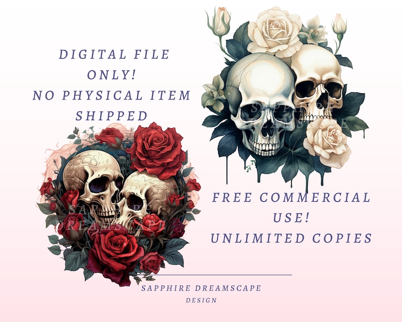 40 blommiga dödskallar Clipart, högkvalitativa transparenta PNG-bilder, omedelbar nedladdning, kommersiellt bruk - ben- och blomillustrationer, färgglad blomma bild 4
