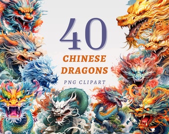 40 Chinese Dragons Clipart, High Quality Transparent PNGs, Instant Download, Commercial Use - Celestial Beasts, Lunar New Year Illustrations