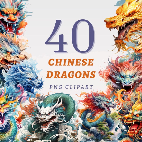 40 Dragons chinois Clipart, PNG transparents de haute qualité, Téléchargement instantané, Utilisation commerciale - Bêtes célestes, Illustrations du Nouvel An lunaire