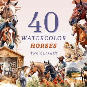 40 Clipart chevaux aquarelle, PNG transparents de haute qualité, téléchargement immédiat, usage commercial - imprimables équins, équitation png dessins et modèles