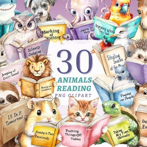May include: A collection of 30 watercolor animal illustrations, each reading a book with humorous phrases. Animals include a shark, dog, owl, lion, sloth, cat, and turtle. The image has a white background and the text "30 ANIMALS READING PNG CLIPART".
