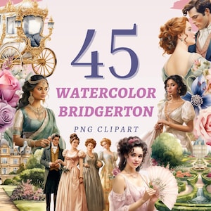 45 Aquarell Bridgerton Clipart, hochwertige transparente PNGs, Sofort Download, kommerzielle Nutzung - viktorianische Modedrucke, 19.Jahrhundert