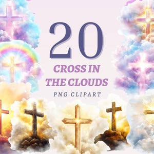 20 ilustraciones de símbolos religiosos de cruces en las nubes para imprimir en tarjetas de iglesia, conjunto de ilustraciones cristianas, recursos digitales para invitaciones de bautismo