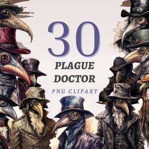 30 Plague Doctor Clipart, PNG transparentes de alta calidad, descarga instantánea, uso comercial - Arte de Halloween Doctors, diseños de brujería gótica