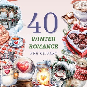 40 imágenes prediseñadas de romance invernal, PNG transparentes de alta calidad, descarga instantánea, uso comercial - Globo de nieve imprimible, paquete de diseño de Red Robin