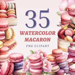 35 cliparts macaron aquarelle, PNG transparents de haute qualité, téléchargement immédiat, usage commercial - Art de bonbons pastel et dessins de desserts colorés
