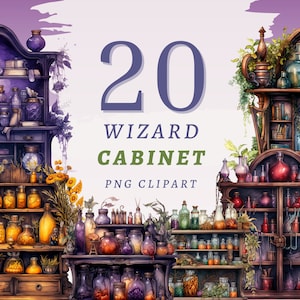 May include: Watercolor illustration of a wizard's cabinet with various potion bottles, jars, and shelves. The image features the text "20 WIZARD CABINET PNG CLIPART" in a whimsical font, with a purple and yellow color scheme.