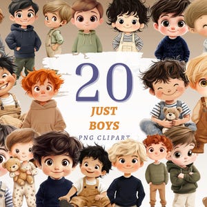 Puede incluir: Ilustración digital de 20 niños de dibujos animados con varios peinados y atuendos. Los niños están representados en un estilo lindo y animado, con ojos grandes y expresiones alegres. También se incluye el texto "20 JUST BOYS PNG CLIPART".