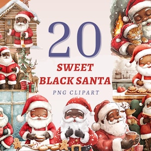 20 imágenes prediseñadas de Papá Noel negro dulce, PNG transparentes de alta calidad, descarga instantánea, uso comercial: impresiones de dibujos animados de Papá Noel, arte afroamericano