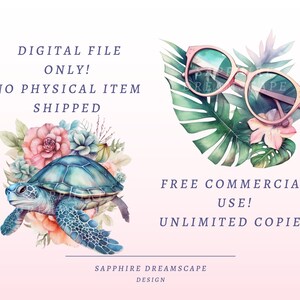 K&ouml;nnte beinhalten: Digitaler Download einer Aquarellillustration mit einer Meeresschildkr&ouml;te, umgeben von rosa und gr&uuml;nen Blumen, und einer pinkfarbenen Sonnenbrille mit gr&uuml;nen Gl&auml;sern auf einem tropischen Bl&auml;tterhintergrund. Der Text "DIGITALER DATEI NUR! KEIN PHYSIKALISCHES ELEMENT VERSANDT" und "KOMMERSIELLE NUTZUNG KOSTENLOS! UNBEGRENZT KOPIEN" ist im Bild enthalten.