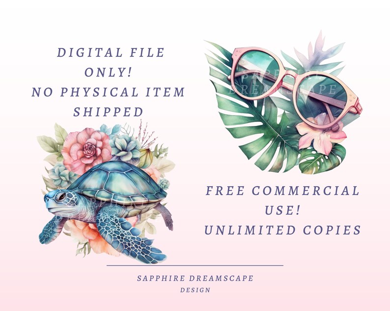 K&ouml;nnte beinhalten: Digitaler Download einer Aquarellillustration mit einer Meeresschildkr&ouml;te, umgeben von rosa und gr&uuml;nen Blumen, und einer pinkfarbenen Sonnenbrille mit gr&uuml;nen Gl&auml;sern auf einem tropischen Bl&auml;tterhintergrund. Der Text "DIGITALER DATEI NUR! KEIN PHYSIKALISCHES ELEMENT VERSANDT" und "KOMMERSIELLE NUTZUNG KOSTENLOS! UNBEGRENZT KOPIEN" ist im Bild enthalten.