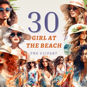 30 Mädchen am Strand Clipart, hochwertige transparente PNGs, sofortiger Download, kommerzielle Nutzung – Sommer-Damen zum Ausdrucken, Grafik im Ozean-Stil