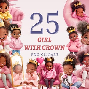25 African American Mädchen mit Krone Clipart niedlichen Afro Mädchen Grafiken schwarz kleine Frau Bilder für Scrapbooking Rosa Stil Frauen Illustration