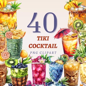 40 Clipart cocktail tiki boisson tropicale hawaïenne oeuvre d'art imprimable aquarelle Tiki punch graphique fête d'été lot de conception téléchargement immédiat