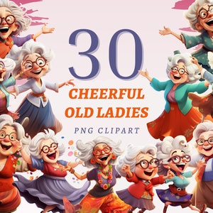 30 Clipart de vieilles dames gaies, PNG transparents de haute qualité, téléchargement immédiat, usage commercial - oeuvre d'art de personnes âgées heureuses, charmante grand-mère