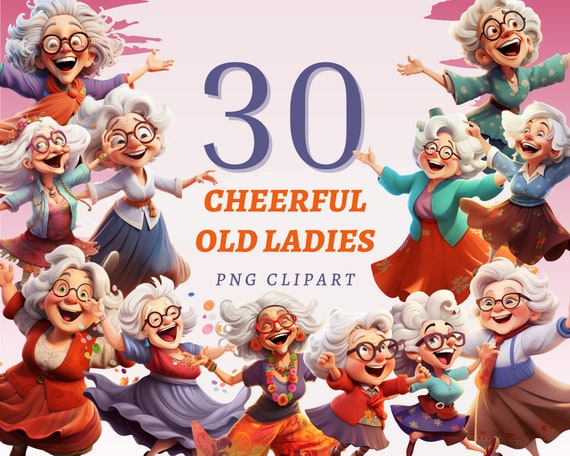 30 Cheerful Old Ladies Clipart, High Quality Transparent PNGs, Instant Download, Commercial Use - Happy Elderly artwork, Charming Grandma