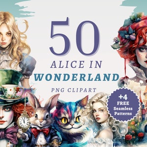 50 cliparts d'Alice au pays des merveilles, PNG transparents de haute qualité, téléchargement immédiat, usage commercial - impression d'Art impression de conte de fées magique magique