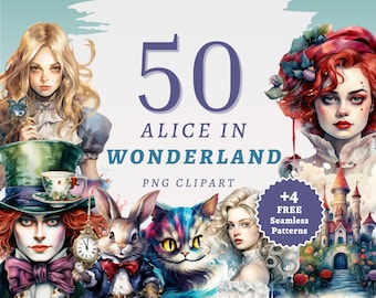 50 Alice in Wonderland Clipart, High Quality Transparent PNGs, Instant Download, Commercial Use - Magic Printable Fairytale Art Print Decor