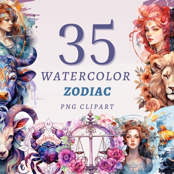 35 Watercolor Zodiac Clipart, High Quality Transparent PNGs, Instant Download, Commercial Use - Horoscope Printables, Celestial Symbols png