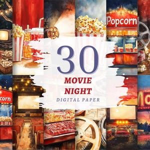 35 Filme Abend Digital Paper Pack, Kino Hintergründe, Popcorn Tickets & gemütliche Film Scrapbook Seiten