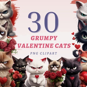 30 cliparts grincheux de chats de la Saint-Valentin, PNG transparents de haute qualité, téléchargement immédiat, usage commercial - animaux mignons en colère, lot de la Saint-Valentin