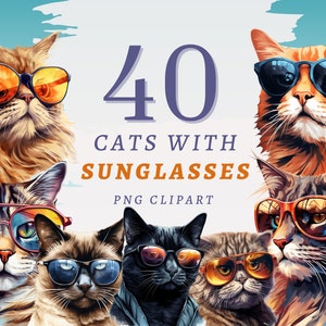 40 Katzen mit Sonnenbrille Clipart, hochwertige transparente PNGs, sofortiger Download, kommerzielle Nutzung - Coole Katzen png, Sommerkatzen, Junk Journal