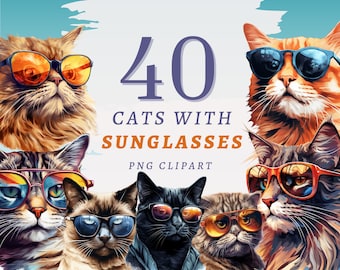 40 Cats with Sunglasses Clipart, High Quality Transparent PNGs, Instant Download, Commercial Use - Cool Cats png, Summer Cats, Junk Journal